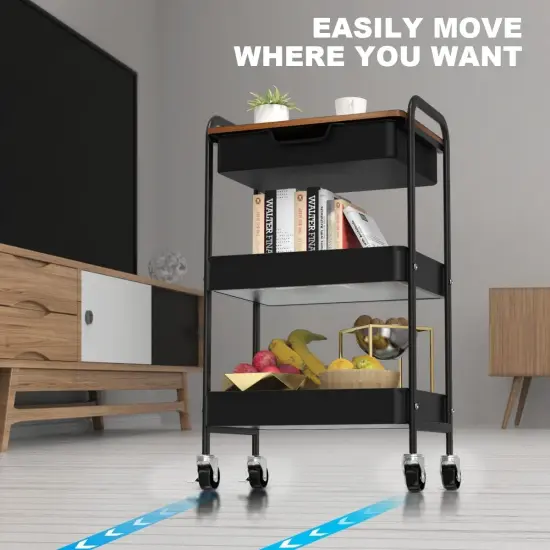 3 Tier Rolling Cart with Drawer, Metal Utility Cart on Wheels Storage Cart {5}