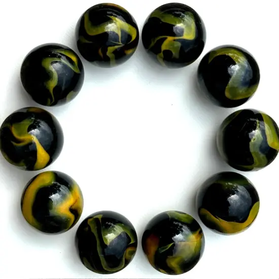 Lot of 10 Poison Dart Frog Black/Yellow Glass Marbles 25mm (1 inch) SHOOTER {4}