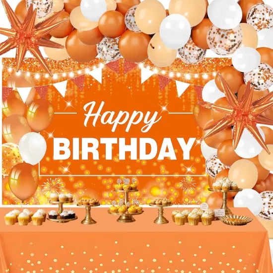 62pcs Orange Birthday Decorations Orange Happy Birthday Banner Balloons {1}