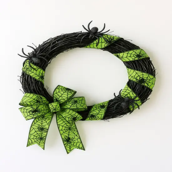 Designer&rsquo;s Shop WR 63-5098 Halloween Spider & Web Wired Ribbon &ndash; 2.5" x 10 Yards &ndash; Neon Green Black Print {6}