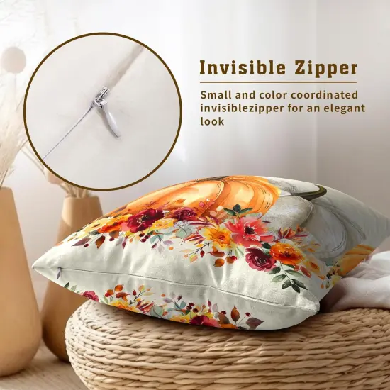 2 Pack of Orange White Pumpkin Flower Leaf Throw Pillow Cover 18x18 Inch {4}