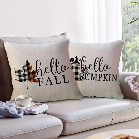 Set of 2 Hello Fall Throw Pillow Covers Buffalo Plaid {3}