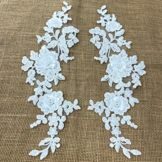 1 Pair Beaded & Corded Floral 3D Lace Applique Embroidered on 100% Polyester Net Mesh, 14" X 3 " Wide Each Side Silver {4}