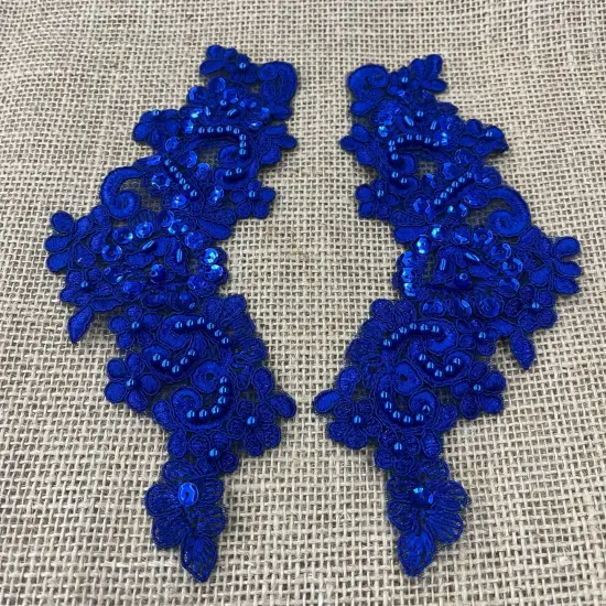 1 Pair 9" x 3" Each Side Beaded & Corded Floral Lace Applique Organza Royal Blue {1}