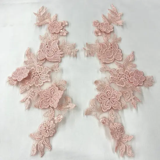 1 Pair 3D Floral Lace Applique Embroidered on 100% Polyester Net Mesh 12" x 4" Each Side Peach {1}