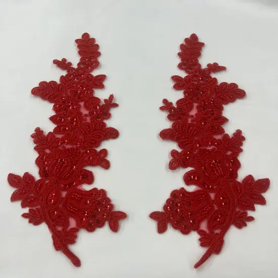1 Pair Beaded & Corded Floral Lace Applique 100% Polyester Net Mesh 12" X 3.5" Each Side Navy Color {4}