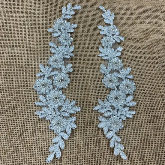 1 Pair 9.5" x 2" Each Side Beaded & Corded Floral Lace Applique Embroidered on 100% Polyester Net Mesh Peach {3}