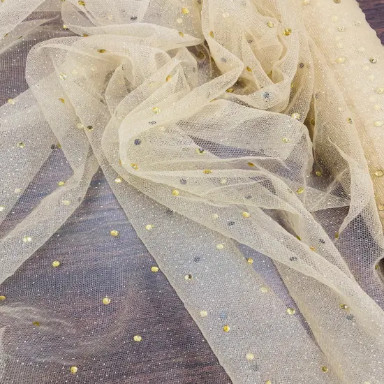 1 Yard Glitter Mesh Fabric with Scattered Rhinestones 60" Wide, 2-Way Stretch Sparkle Mesh for Gowns, Bridal Wear & Costumes Champagne {6}