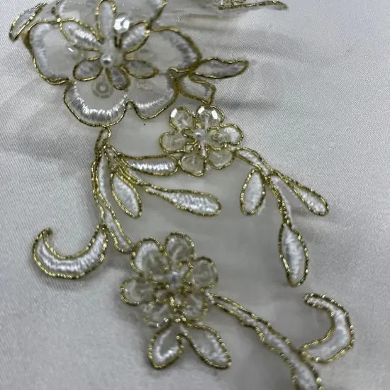 1 Pair Beaded & Corded Lace Applique Embroidered on 100% Polyester Organza 10" x 2" Each Side Ivory / Gold {4}