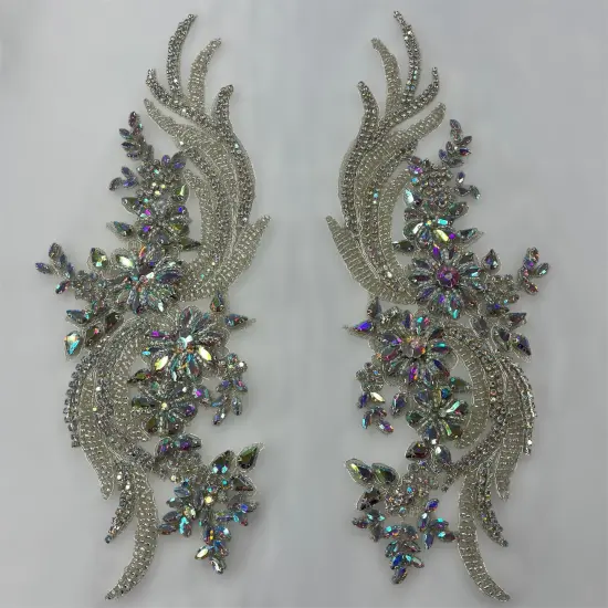 1 Pair 14" x 4" Each Side Crystal Rhinestone Beaded & Corded Lace 100% Polyester Green AB {2}
