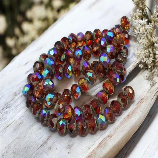 *25* 6x8mm Antique Silver Washed Ruby Sunset Fire Polished Rondelle Beads {2}