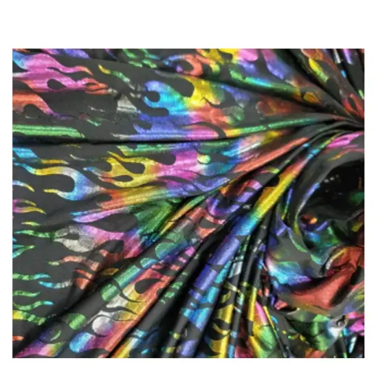 Multicolor Rainbow Flames Stretch Pleather on Black Foil Spandex {7}