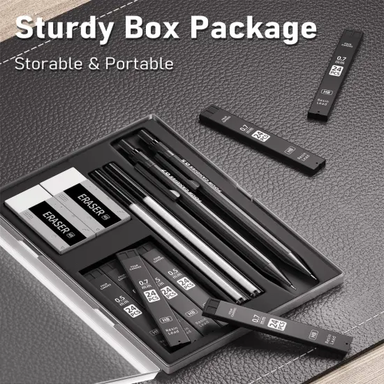 Metal Mechanical Pencils 0.5 & 0.7 mm, 2PCS Mechanical Pencils with Dual Spring, 8 Tubes Lead Refills, 2PCS 4B Erasers and 18PCS Eraser Refills, Mechanical Pencil Set for Writing Drawing {2}