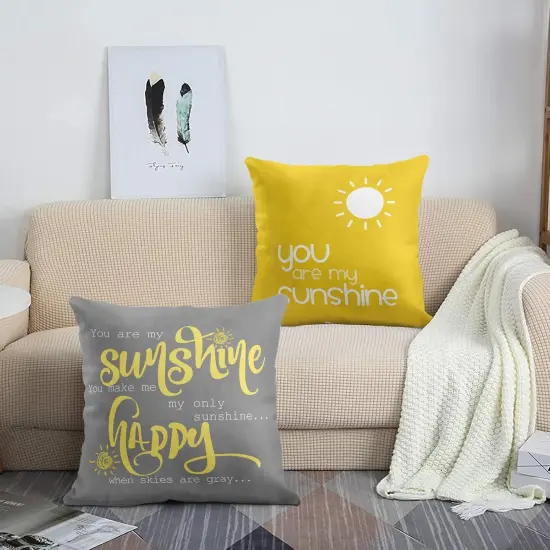 Set of 4 Throw Pillow Covers You are My Sunshine Yellow Gray with Words Decorative Pillow Cases Home Decor Square 18x18 Inches Pillowcases {5}