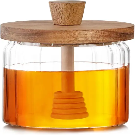 15oz Glass Honey Jar with Dipper Stick and Wooden Lid, Honey Pot with Wooden Dipper, Airtight Honey Containers with Dipper {1}