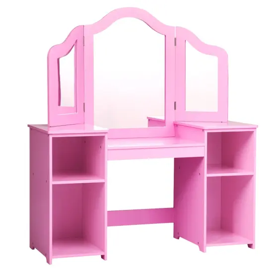 Multi-functional Kids Tri Folding Mirror Makeup Dressing Vanity Table Set with Large Storage Space White {7}