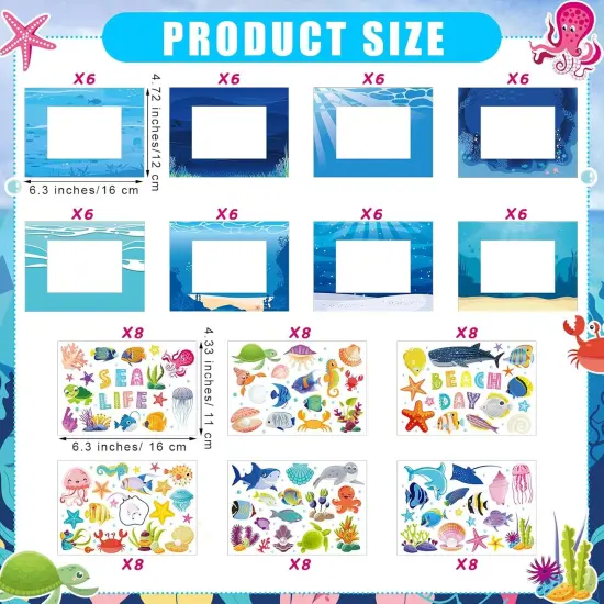 96 Pcs Summer Picture Frame Craft Kit DIY Photo Frame Craft with Stickers Summer Cardboard Photo Frame Craft Beach Pool Party Favor Activities (Ocean, Blue Series) {3}
