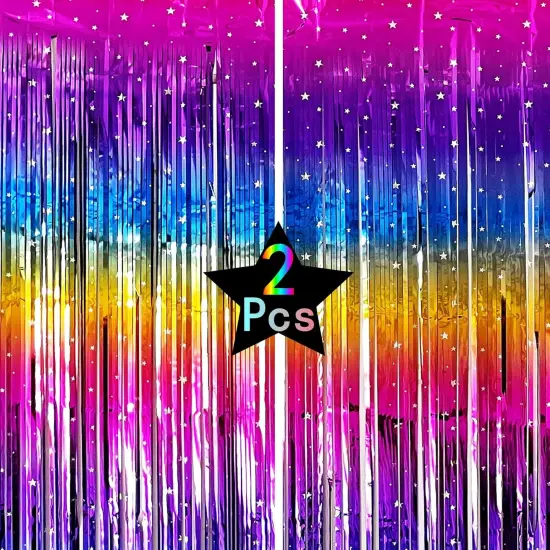 Sparkling Neon Rainbow Foil Fringe Curtain Backdrop Metallic Streamers Photo Booth Props for Birthday Bachelorette Gay Pride Day Graduation Wedding 80s 90s Disco Party Decorations- 2 Packs (3.3x6.6Ft) {1}