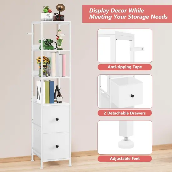 55.9" Tall Bathroom Storage Cabinet Freestanding - Slim Corner Organizer with 2 Drawers & 5 Shelves, Narrow Floor Cabinet for Bathroom, Kitchen, Living Room - White {4}