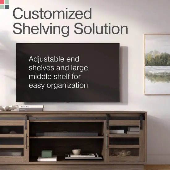 Stead Modern Farmhouse TV Stand, Media Console with Sliding Glass Doors, 58&rdquo; Entertainment Center with Storage, Barn Door TV Stand for Living Room and Bedrooms, Supports 32 to 65" TVs (Driftwood) {7}