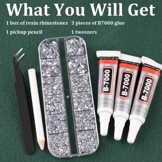 Resin Rhinestones for Crafting with B7000 Jewelry Glue, 1 Box Clear Flatback Crystals with 3Pcs 10ml Glue for Bedazzling Crafts DIY Nail Art Makeup，Non Hotfix Gems for Clothing Shoes {5}