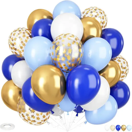 Blue Gold Balloons, 12 Inch Royal Blue and Gold Balloons, Blue and White Gold Balloons Metallic Gold Star Confetti Latex Balloons {1}