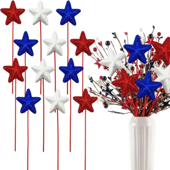 12 Pcs 4th of July Glitter Puffy Star Picks Americana Sparkly Red White Blue Patriotic Decor Foam Star Sticks for Memorial Day National Day Independence Day Party Table Centerpieces Decoration {1}