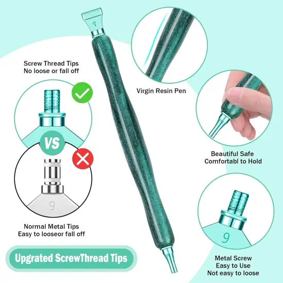 Diamond Painting Pen Accessories Tools Set,3PCS Glitter Diamond Art Pen and 12Pcs Green Metal Screw Thread Multi Placer Tips,Resin Diamond Painting Drill Pens for DIY Diamond Art {3}
