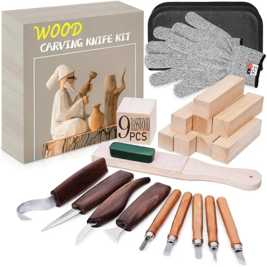 Wood Carving Kit, 4PCS Wood Carving Knives & 5PCS Detail Knives, 9 Basswood Blocks, 1 Pair Gloves, Roll Bag, Strop Block, Polishing Compound Whittling Kit Hobbies for Adults {1}