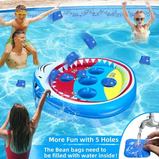 Inflatable Pool Shark Cornhole Game Set with Upgraded 5 Holes & 5 Bean Bags, Floating Swimming Pool Ring Toss Toys for Kids Adults Family for Summer Pool Party Beach Luau Game Water Carnival {2}