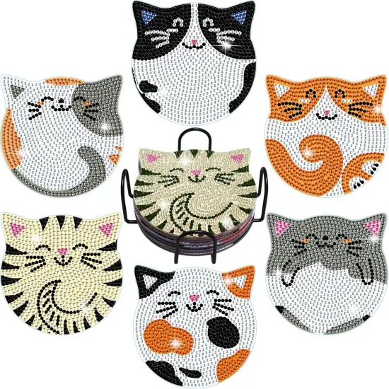 Diamond Painting Coasters Kits, 6 Pcs Cat Diamond Art Coasters with Holder, Crafts Kits for DIY Coasters, Diamond Art Kits for Adults {1}