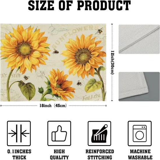 Summer Vintage Sunflower Placemats Set of 4 - Yellow Grunge Flower Farmhouse Tablemats Linen Fabric, Heat-Resistant Washable Stain Proof Place Mats for Dining Table Decoration {4}
