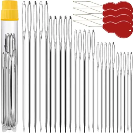 50 Pack Premium Large Eye Needles for Hand Sewing with 4 Needle Threaders, Assorted Sizes, Embroidery Needles for Hand Sewing, Sewing Needles Large Eye, Big Eye Needle {1}