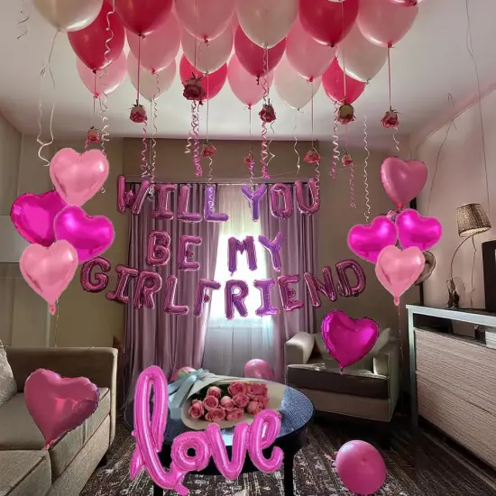 Will You Be My Girlfriend Balloons 60pcs pink hot pink and white balloon kit Include 18 Inch Heart Shaped Balloons and 1000 Pink Artificial Rose Petals Romantic Decoration Kit for Valentines Party {2}