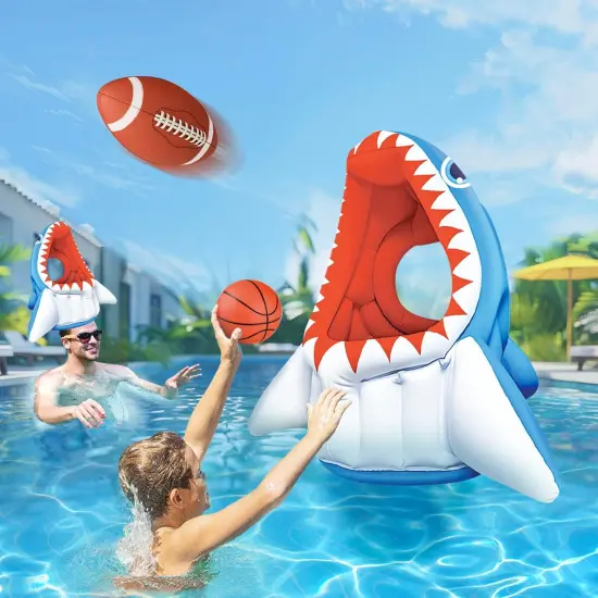 Summer Pool Wave Kids Shark Pool Toy, 3-in-1 Inflatable Float Water Game Basketball Football Head Hoop Toss {1}