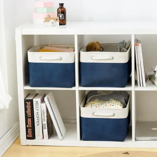 Summer Collapsible Storage Basket for Shelves - Large 3 Pack 16x12x8 inch Storage Basket for Organizing with Handles, Canves Storage Box for Organizer Toy Closet Cloth Gift (White & Jean Blue) {2}