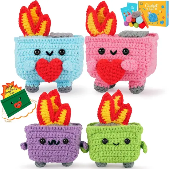 Crochet Kit for Beginners - 4PCS Dumpster Fire Complete Crochet Starter Kit with Step-by-Step Video Tutorials, Beginner Crochet Kits for Adults Kids Women, Funny Crochet Emotional Support Gifts {1}