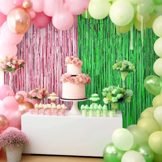 4 Pack 3.28 x 6.56 ft Streamers Backdrop Party Decoration Witch Party Decor Metal Tinsel Foil Fringe Curtains Backdrop Curtains Streamer for Witch Decor(Pink and Green,Tinsel Curtain) {3}