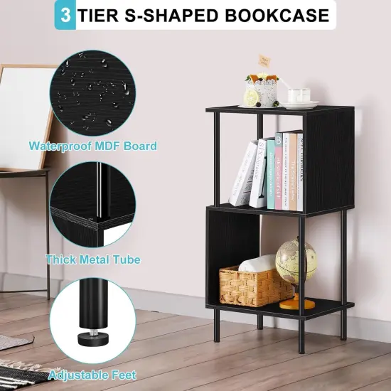 3-Tier S-Shaped Small Bookshelf &ndash; Compact Black Bookcase Organizer for Home Office, Kids&rsquo; Room, Living Room (15.7&rdquo;x11.8&rdquo;x31.8&rdquo;) {3}