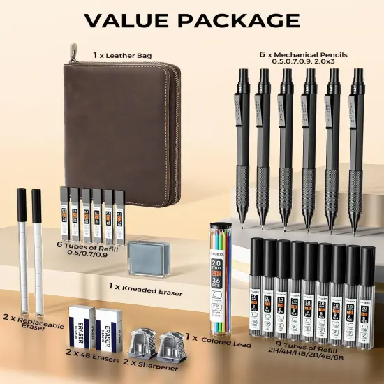 30Pcs Metal Mechanical Pencil Set with Leather Case, 0.5/0.7/0.9/2.0mm Art Drafting Pencils, 16 Tubes Graphite Leads (6B 4B 2B HB 2H 4H) with Colored Leads for Sketching Drawing Writing(Black) {2}