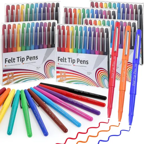 72 Pcs Felt Tip Pens 0.7mm Medium Point Felt Pen Bulk 12 Colors Markers Journal Planner for Teachers Students Journaling Writing Note Art Office School Supplies {1}