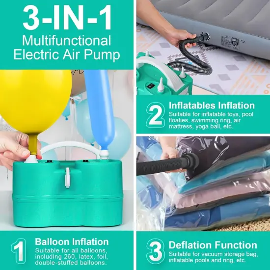 Electric Balloon Pump, 3-in-1 Air Pump for Inflatables and Balloons, Portable Balloon Pump for Latex 260Q Long Foil Balloons, 110V Dual Nozzle Inflator Deflator for Pool Floats Air Beds (Teal) {2}