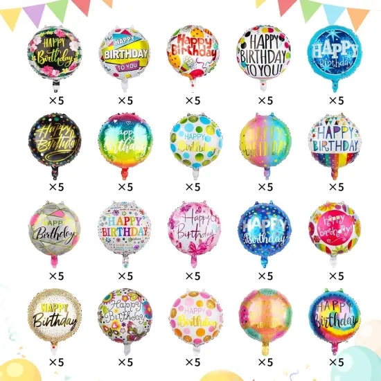 100 Pcs Happy Birthday Aluminum Foil Balloons for Birthday Party Decoration Supplies, 18 Inches Round Helium Floating Mylar Balloon (20 Patterns) {4}