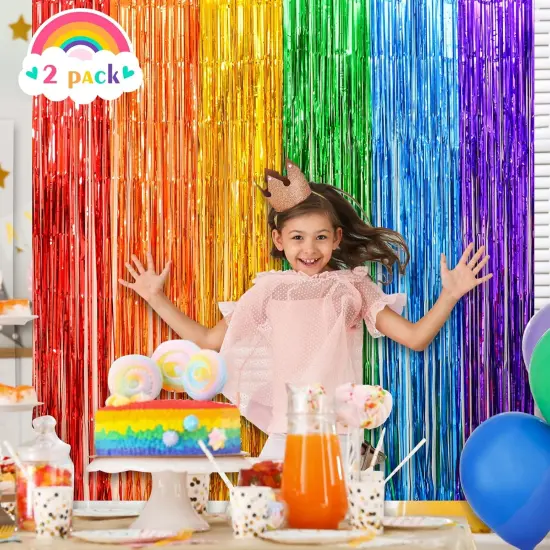 Rainbow Foil Fringe Curtains, 2 Pack Rainbow Party Decorations 3.3x6.6ft Tinsel Metallic Streamers Holiday Photo Booth Props Backdrop for Birthday Wedding Engagement Bridal Shower {2}