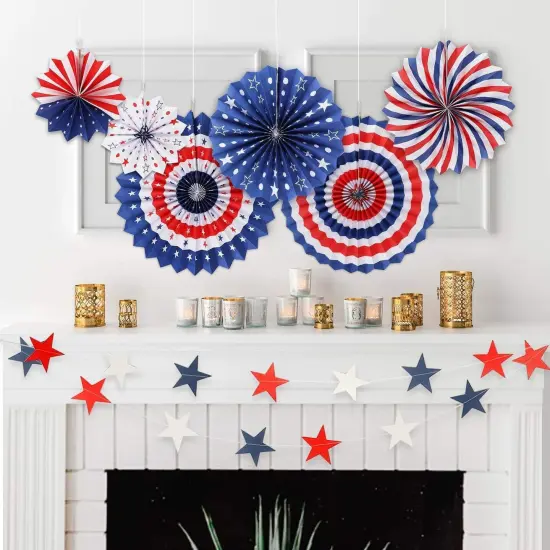 4th/Fourth of July Patriotic Party Decorations Set- Red White/Silver Blue Star Streamers and 6Pcs Red White Blue Hanging Paper Fans for American Independence Day Party Decor Supplies {2}