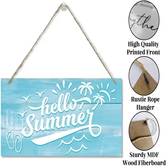 Hello Summer Sign Decor, Sign Decor, Hanging Wood Sign Home Decorative, Printed Wood Wall Art Sign, Summer Welcome Sign, Beach House Door Hanger, Ocean Theme Coastal Decorations for Home or Farmhouse {3}