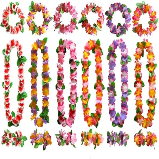 Hawaiian Hula Leis sets Artificial Flowers Fabric Wreath Neck Loop Wristband Headband Dance Garland Leis Sets for Luau Party Costumes (6 sets;24 Pack) {1}