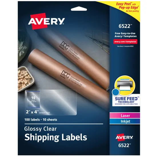 Avery Glossy Clear Shipping Labels, Sure Feed Technology, Laser/Inkjet, 2" x 4", 100 Labels (6522) {1}