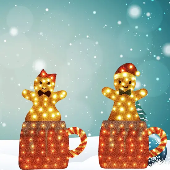 Indoor Holiday Gingerbread Couple Displayed in Festive Mug Duo Set 40" & 42" Tall {3}