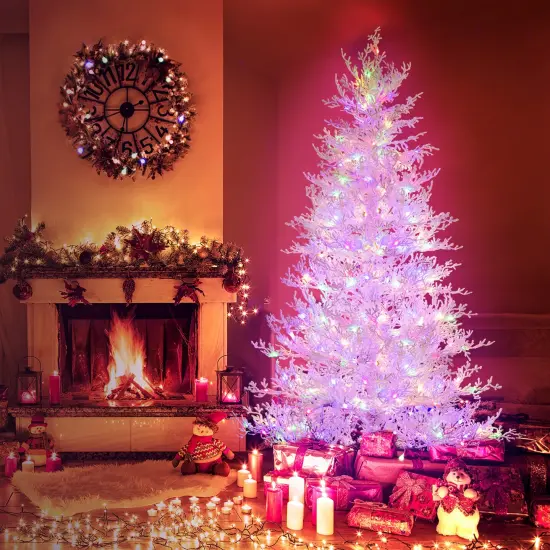Costway 6 FT Pre-Lit Christmas Tree Snow Flocked Hinged 11 Lighting Modes with 300 Lights {5}